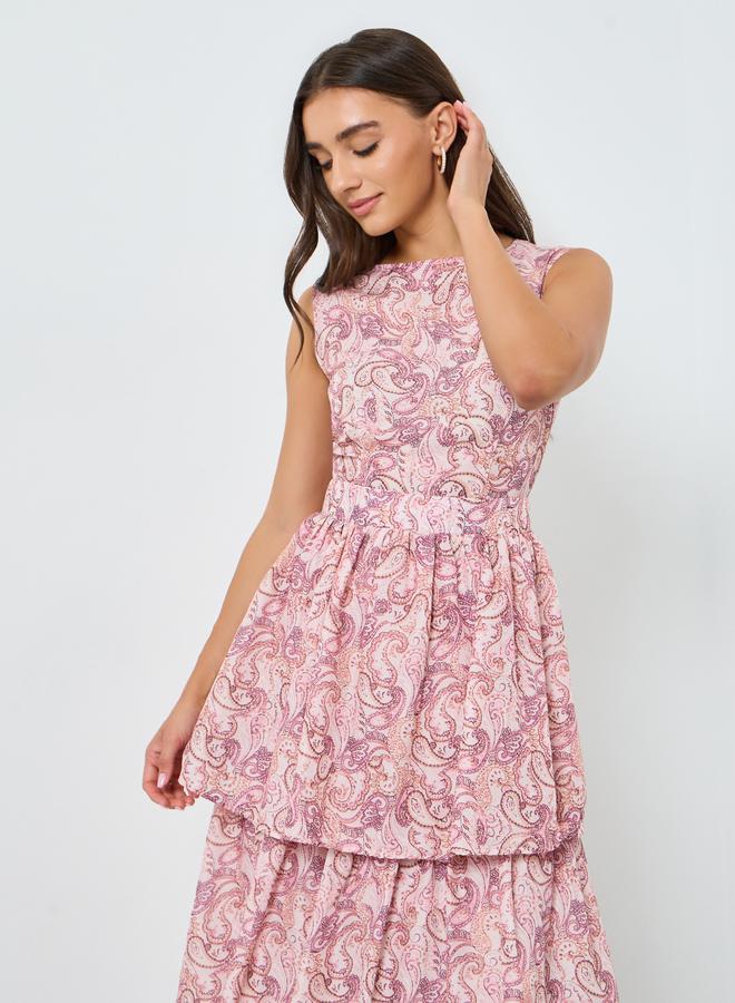 Women Pink Paisley Print Tiered Maxi Dress